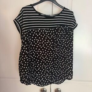 By & By Womens Black White Striped Polka Dot Mixed Print Top XL Pocket Chiffon